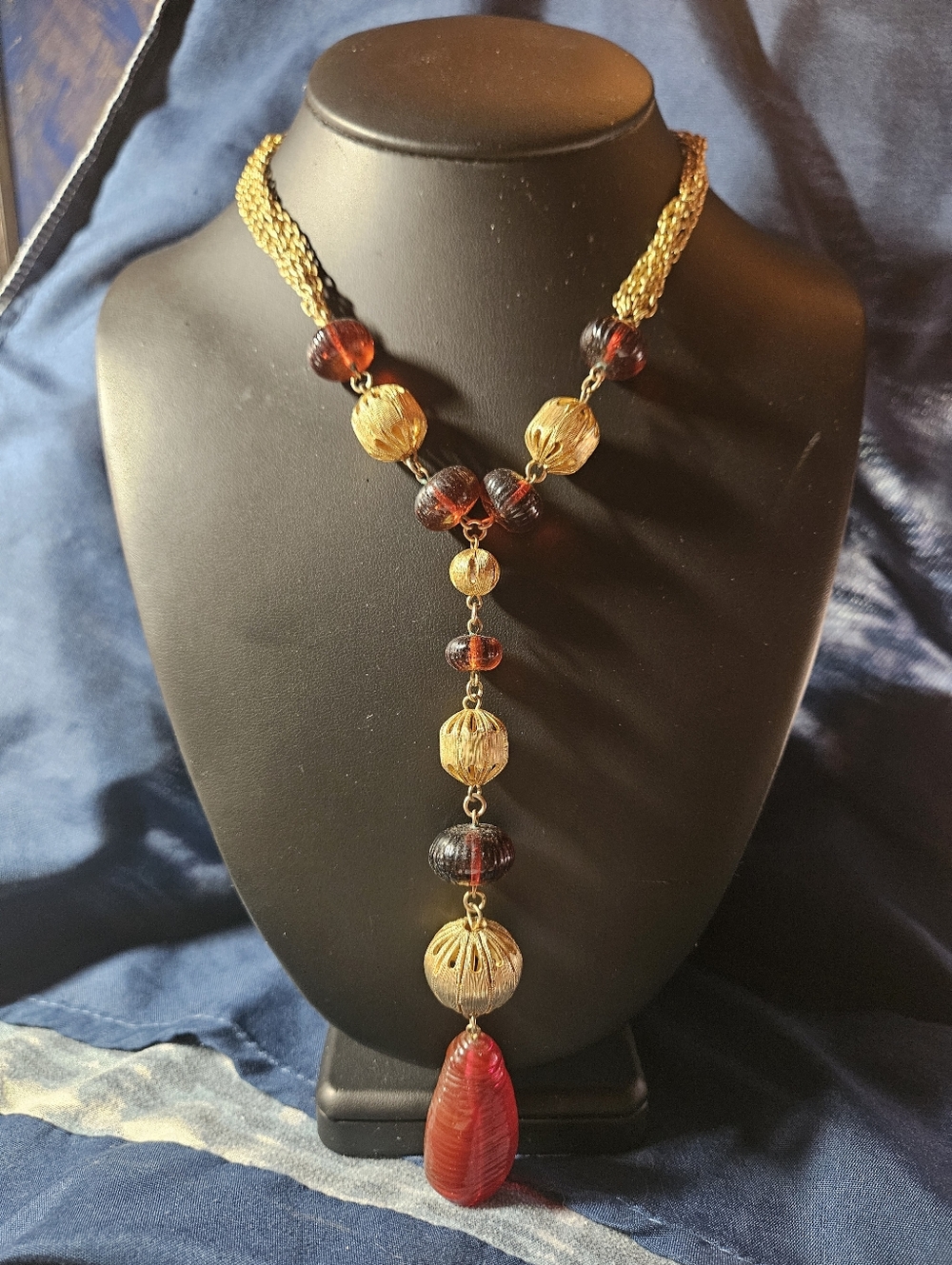 VTG Amber Red Gold Tone Beaded Adjustable Drop Pendant